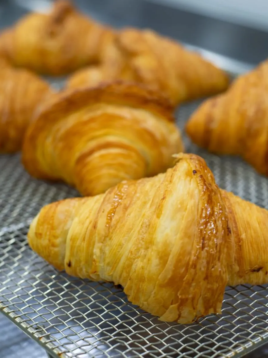 Croissants dorados sobre una rejilla del horno